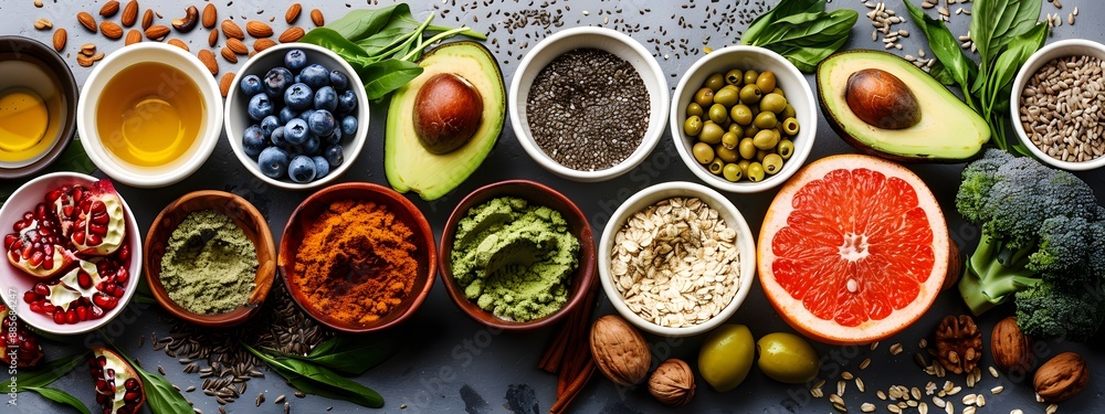 A variety of fresh, vibrant fruits and vegetables including avocados, blueberries, red grapes, broccoli, bell peppers, spinach leaves, eggs, nuts such as walnuts or hazelnuts, and dried items A variety of fresh, vibrant fruits and vegetables including avocados, blueberries, red grapes, broccoli, bell peppers, spinach leaves, eggs, nuts such as walnuts or hazelnuts, and dried items
