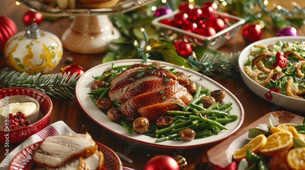 Festive Holiday Meal with Diabetic Friendly Roasted Duck, Green Beans Almondine, and Fresh Garden Salad Decoration Festive Holiday Meal with Diabetic Friendly Roasted Duck, Green Beans Almondine, and Fresh Garden Salad Decoration
