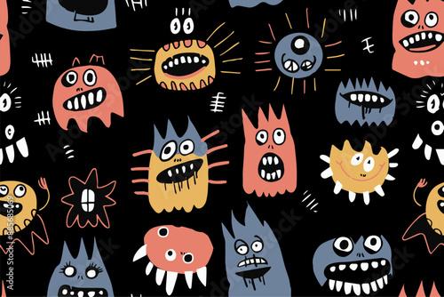  Cute cartoon monsters seamless pattern. Cosmic little aliens smile textile print design. Kids mutant fashion character trendy style vector illustration