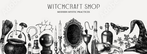 Witchcraft shop banner. Vintage Halloween background. Hand-drawn vector illustration. Witchcraft sketches. Antique apothecary design in color. NOT AI generated