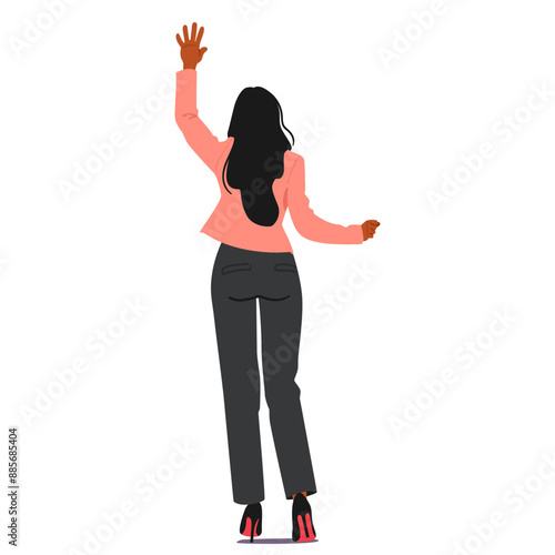 Woman Character Wearing Business Attire, Standing With Her Back Towards The Viewer And Reaching Upward