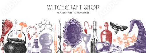 Witchcraft shop banner. Vintage Halloween background. Hand-drawn vector illustration. Witchcraft sketches. Antique apothecary design in color. NOT AI generated