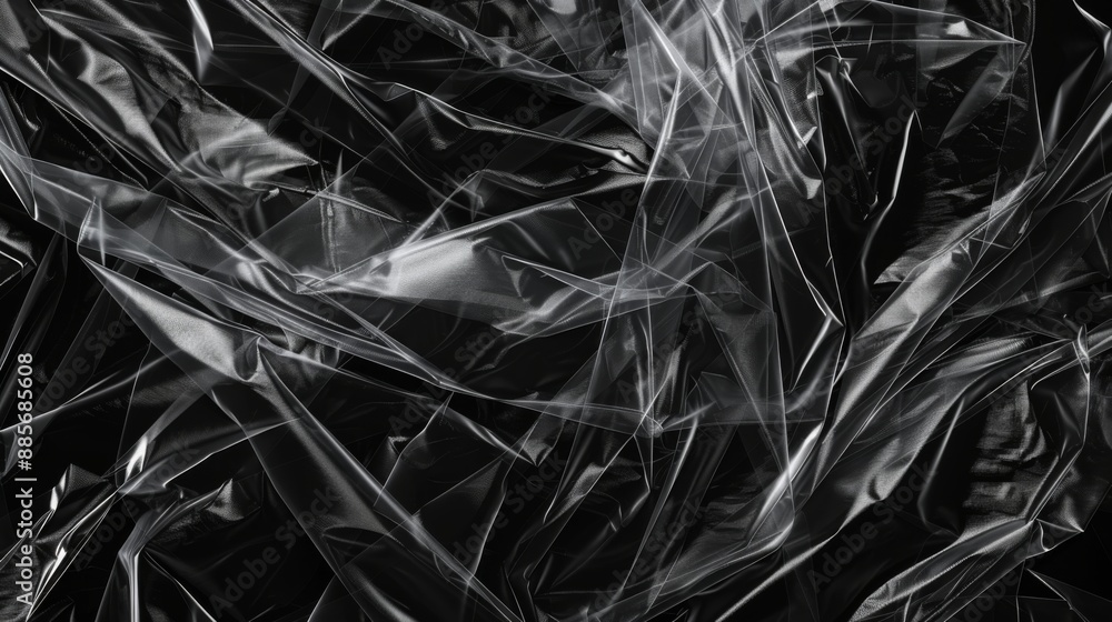 Wrinkled plastic transparent wrap texture on a black background. Texture overlay effect template Wrinkled plastic transparent wrap texture on a black background. Texture overlay effect template
