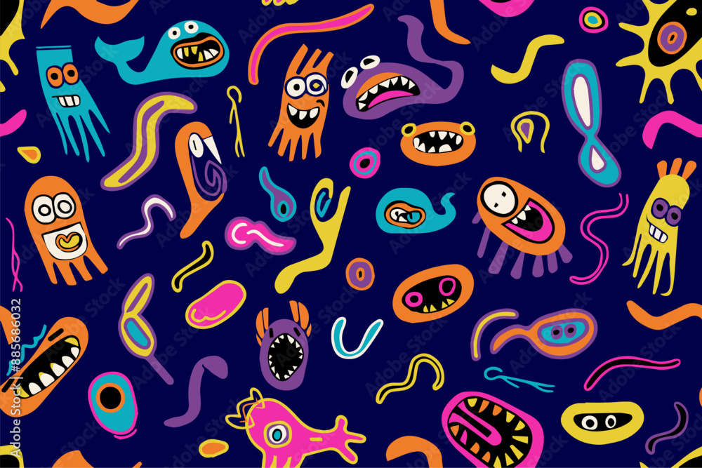 Cute cartoon monsters seamless pattern. Cosmic little aliens smile textile print design. Kids mutant fashion character trendy style vector illustration Cute cartoon monsters seamless pattern. Cosmic little aliens smile textile print design. Kids mutant fashion character trendy style vector illustration