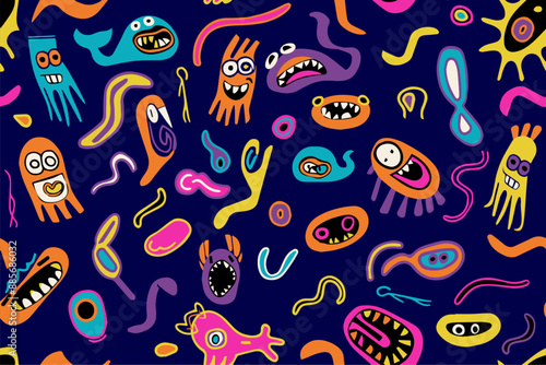  Cute cartoon monsters seamless pattern. Cosmic little aliens smile textile print design. Kids mutant fashion character trendy style vector illustration