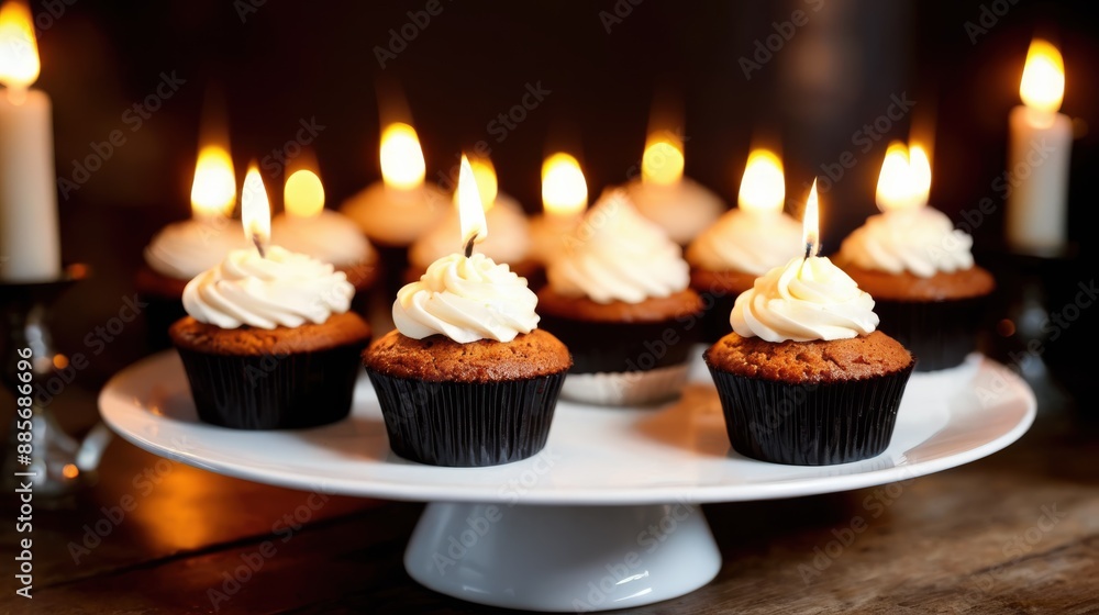 A cupcake with a candle on it, positioned on a dark surface, featuring a symmetrical composition A cupcake with a candle on it, positioned on a dark surface, featuring a symmetrical composition