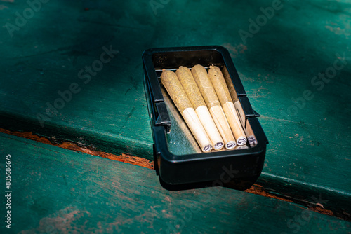 pre rolled marijuana joints in a metal box outdoors on a table