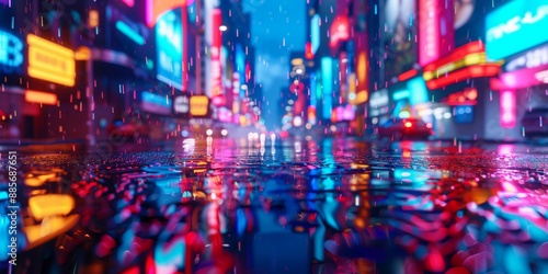 premium 3D advertisement showcasing a vibrant nighttime cityscape with colorful neon lights and rain reflections, perfect for urban photography