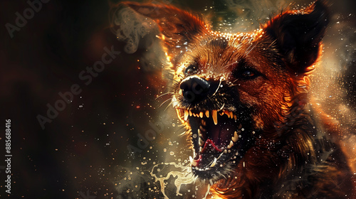 Rabid dog, animal with rabies, saliva from mouth, aggressive. Banner copy space photo