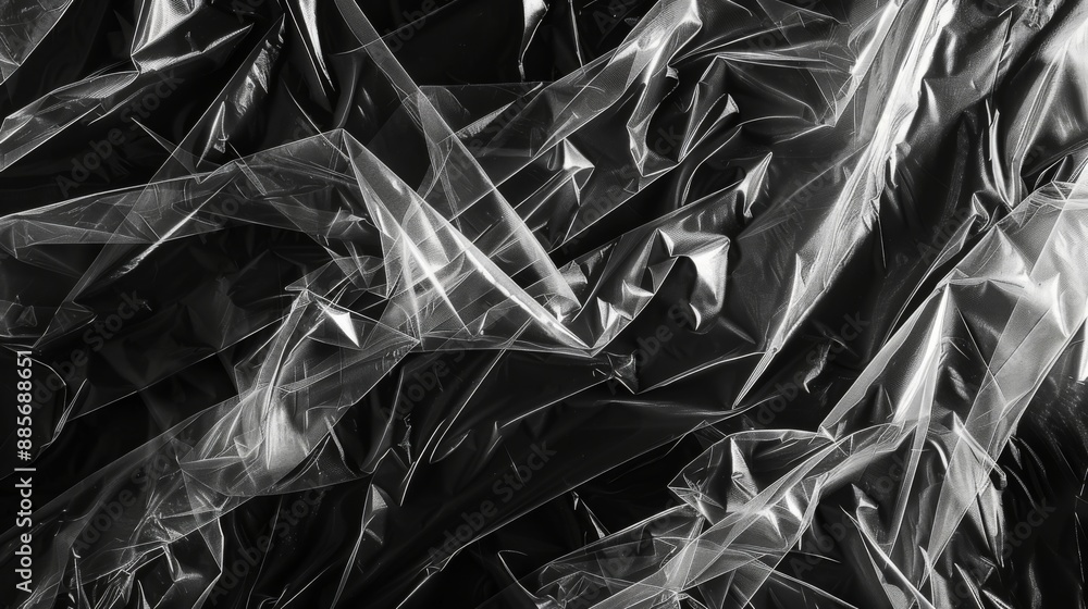 Wrinkled plastic transparent wrap texture on a black background. Texture overlay effect template Wrinkled plastic transparent wrap texture on a black background. Texture overlay effect template