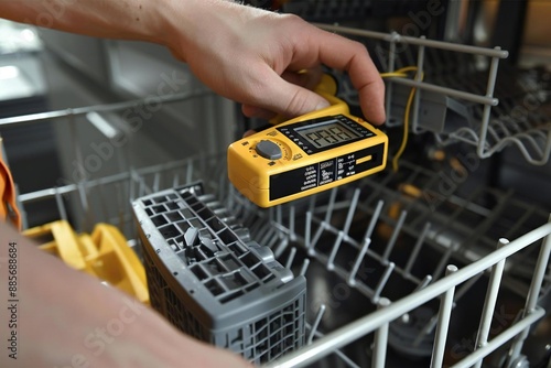 close-up shot of a young repairman using a digital multimeter to check a dishwasher in a modern kitchen setting. The image focuses photo