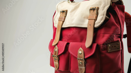 "Closeup of a red backpack with beige handles and pockets rotating on a white background."