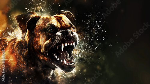 Rabid dog, animal with rabies, saliva from mouth, aggressive. Banner copy space