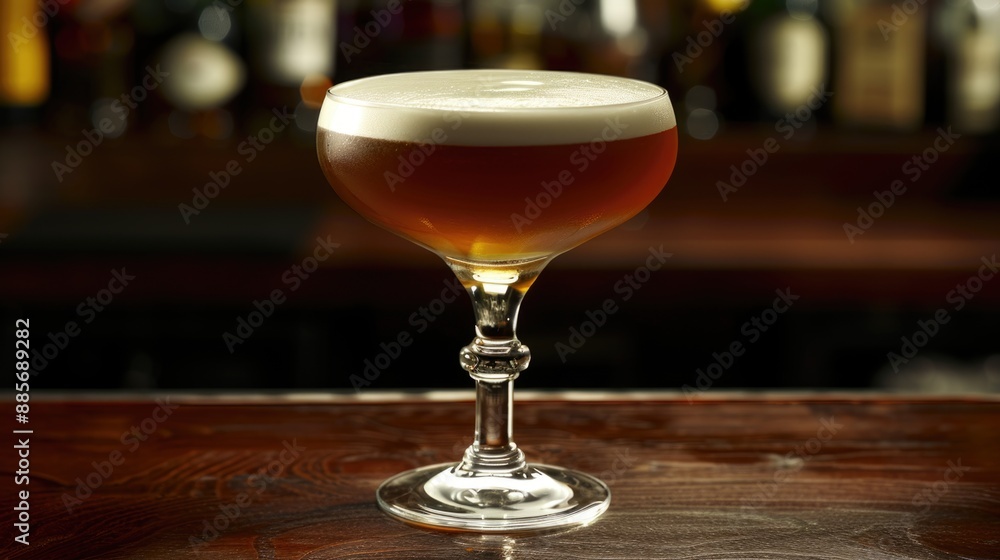 A cocktail with a creamy, white head sits atop a brown liquid in a stemmed glass, resting on a dark wooden bar surface A cocktail with a creamy, white head sits atop a brown liquid in a stemmed glass, resting on a dark wooden bar surface