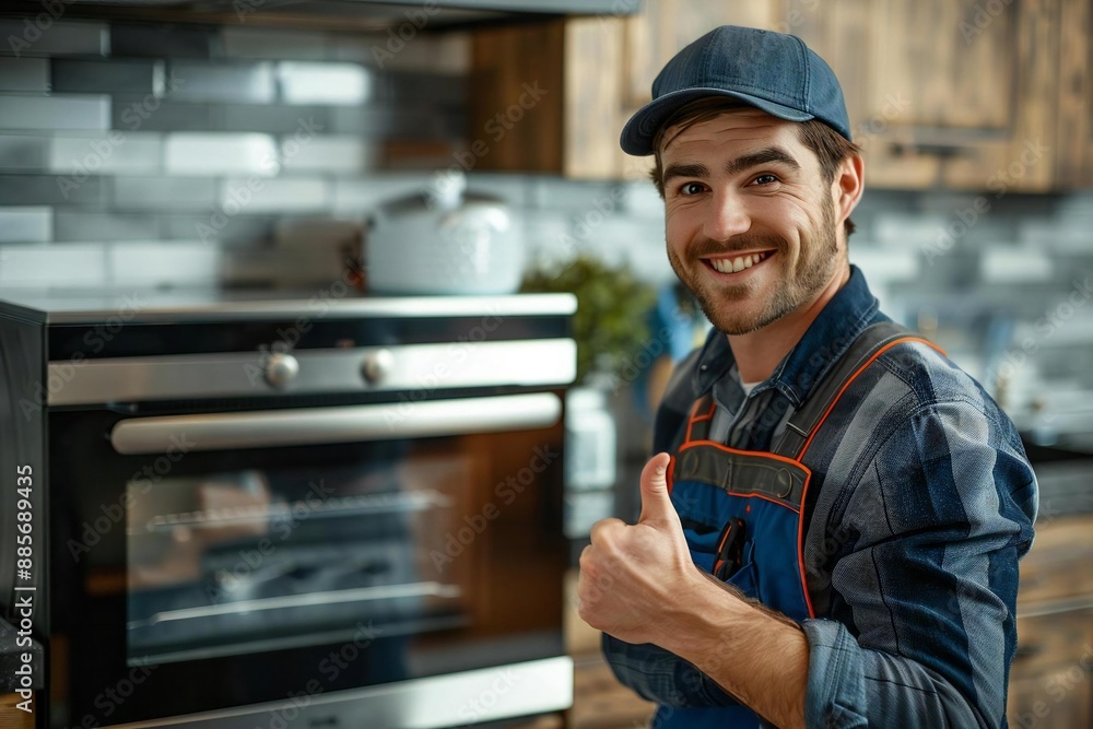 young male technician smiling and giving a thumbs up while installing a television or appliance in a home. young male technician smiling and giving a thumbs up while installing a television or appliance in a home.