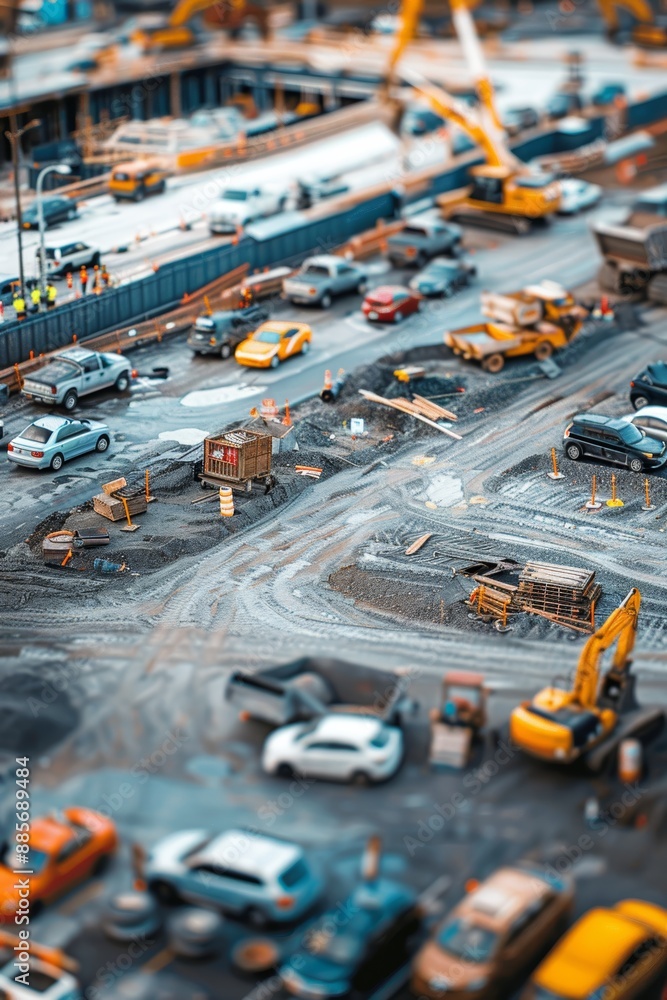 Busy Construction Site with Parking Lot of Vehicles, Heavy Machinery, and Workers - Ideal for Industry Use Busy Construction Site with Parking Lot of Vehicles, Heavy Machinery, and Workers - Ideal for Industry Use