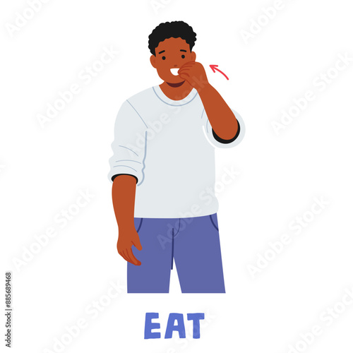 Man Demonstrating American Sign Language Sign For Eat. Character Pointing On Mouth With A Hand To Signify The Action