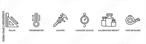 Measurement banner web : Vector Icon Illustration Concept Featuring ruler, thermometer, caliper, luggage scales, calibration weight, tape measure