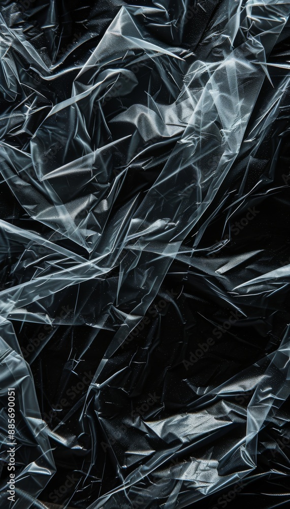 Wrinkled plastic transparent wrap texture on a black background. Texture overlay effect template Wrinkled plastic transparent wrap texture on a black background. Texture overlay effect template
