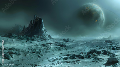  A dystopian solar planet with a dark, stormy sky and deserted landscapes