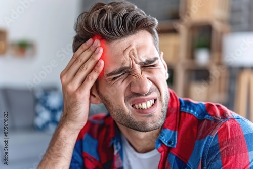 A man clutches his head in pain, his brow furrowed and his eyes squeezed shut