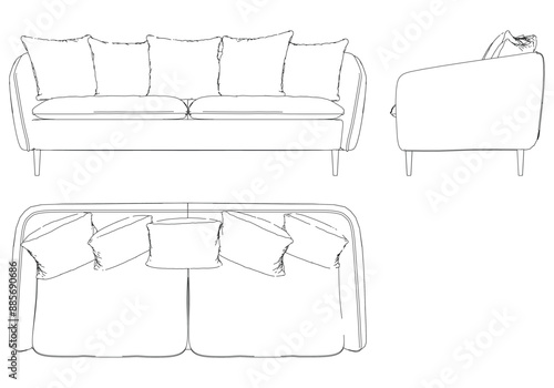 Sofa Line Vector Illustration. Different Views of Modern Sofa, Ideal for Furniture Design and Interior Concepts with Front, Side, and Top Views