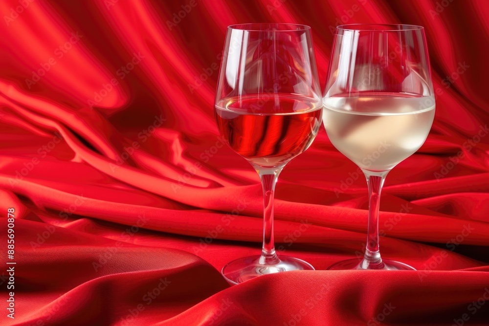 Two wine glasses, one filled with red wine and the other with white wine, stand on a red silk cloth Two wine glasses, one filled with red wine and the other with white wine, stand on a red silk cloth
