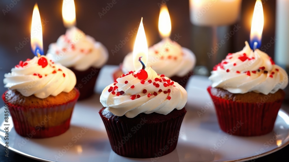 A single cupcake with a candle on top, placed on a dark surface, symmetrically arranged