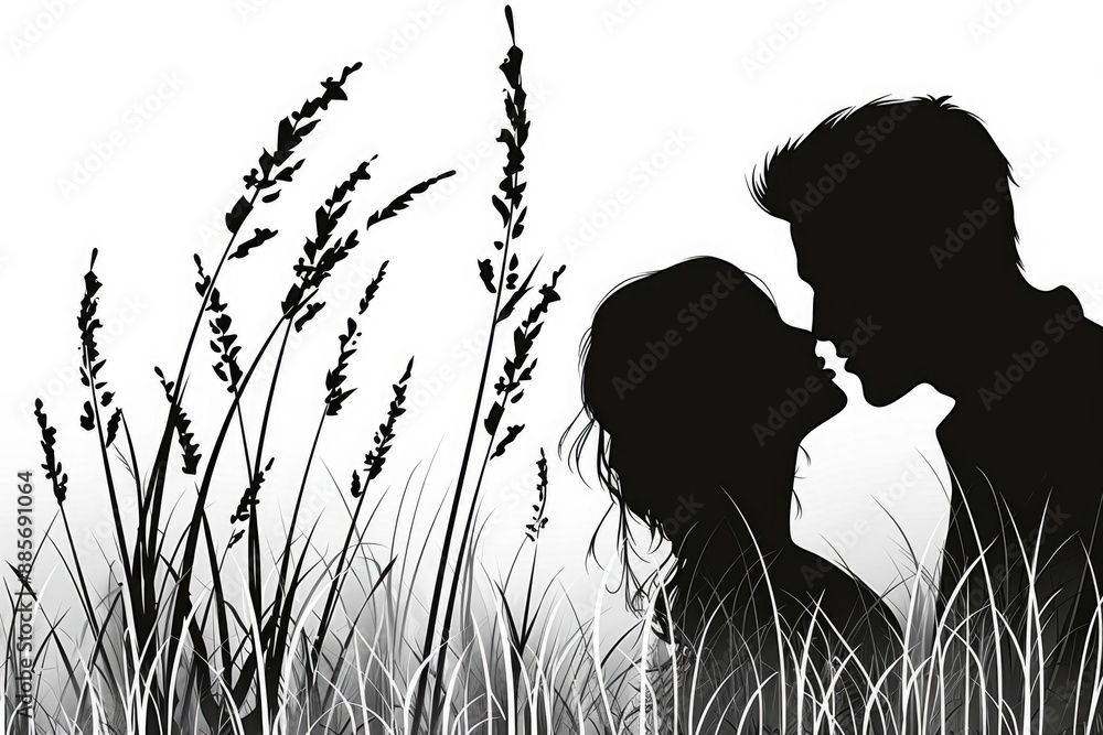 A couple silhouetted against a white background, surrounded by tall grass, share a tender kiss