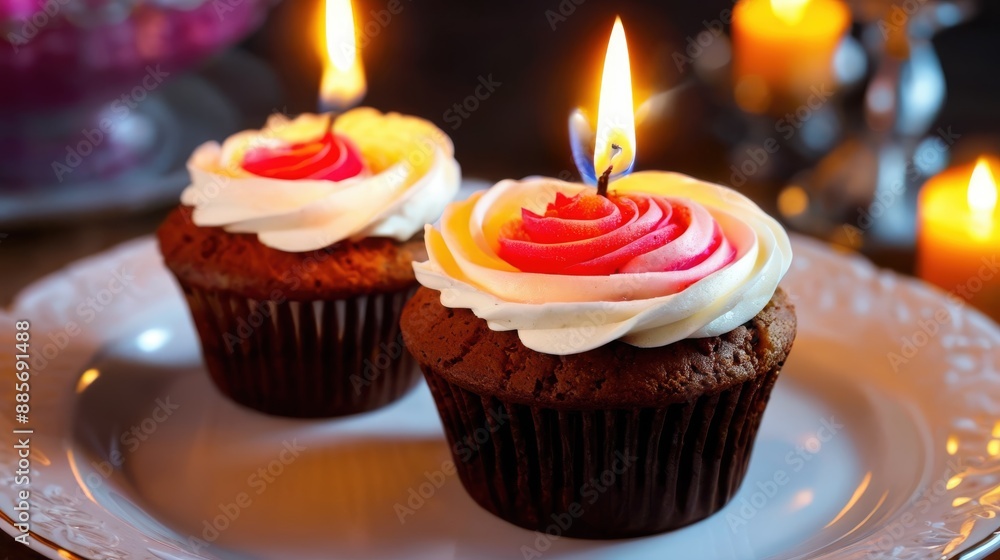 A single cupcake with a candle on top, placed on a dark surface, symmetrically arranged A single cupcake with a candle on top, placed on a dark surface, symmetrically arranged
