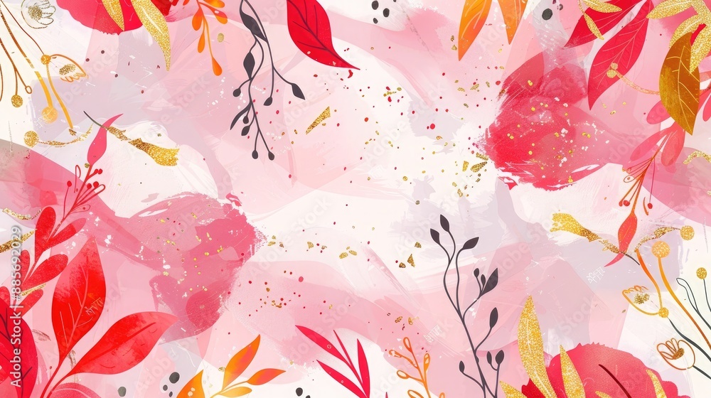 Abstract illustration of a trendy background pattern with pink and red palettes, adorned with botanical floral motifs and golden foil accents, adding a touch of glamour. Abstract illustration of a trendy background pattern with pink and red palettes, adorned with botanical floral motifs and golden foil accents, adding a touch of glamour.