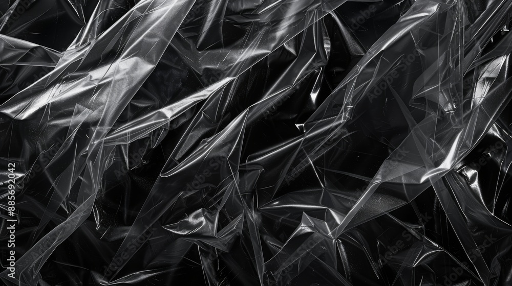 Wrinkled plastic transparent wrap texture on a black background. Texture overlay effect template Wrinkled plastic transparent wrap texture on a black background. Texture overlay effect template