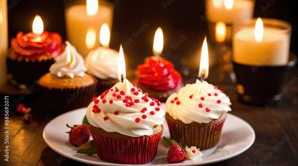 A single cupcake with a candle on top, placed on a dark surface, symmetrically arranged A single cupcake with a candle on top, placed on a dark surface, symmetrically arranged