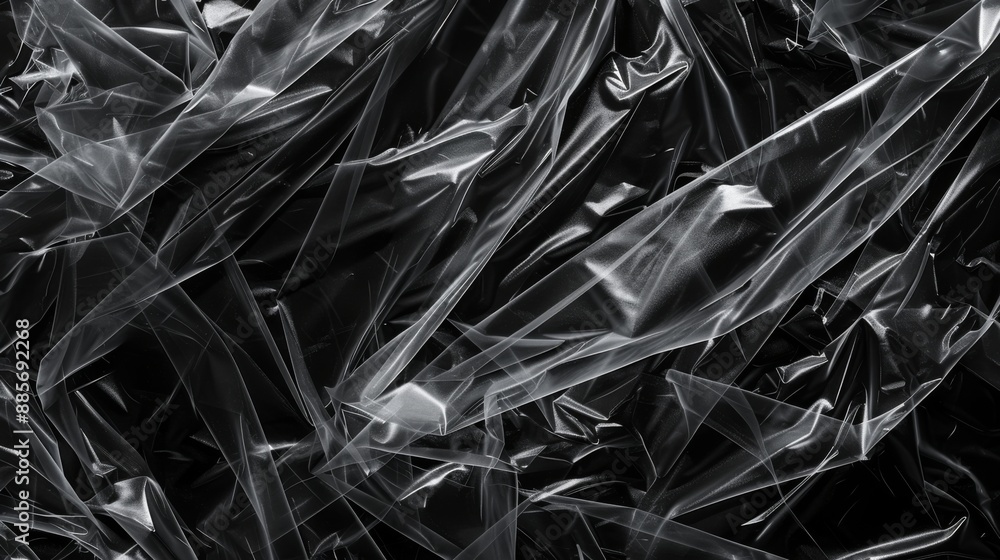 Wrinkled plastic transparent wrap texture on a black background. Texture overlay effect template Wrinkled plastic transparent wrap texture on a black background. Texture overlay effect template