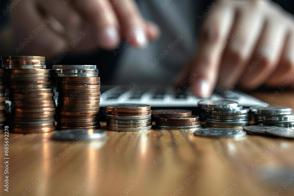 Photo idea: Close-up of a person calculating on a wooden desk in front of stacked coins - reflects the concept of income tax raise. Photo idea: Close-up of a person calculating on a wooden desk in front of stacked coins - reflects the concept of income tax raise.