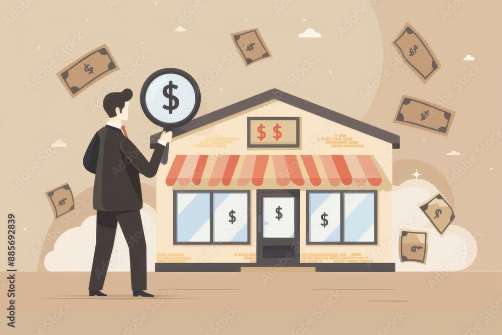 A businessman uses a magnifying glass to find the best opening while locating dollar signs near a small shop store building Generative AI A businessman uses a magnifying glass to find the best opening while locating dollar signs near a small shop store building Generative AI