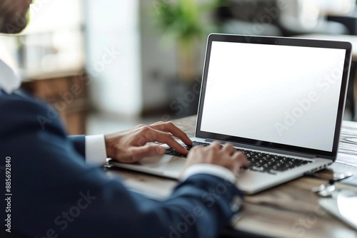 close-up shot of a businessman using a laptop with a blank screen on a sleek wooden desk in a modern office setting.