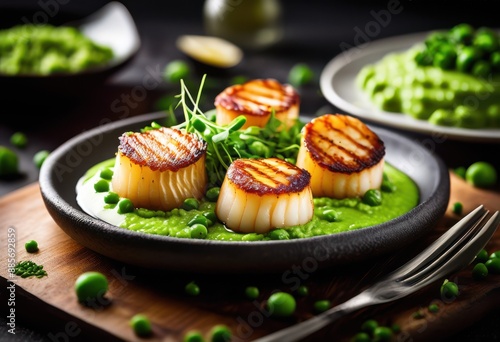 sizzling seared scallops plate smooth pea gourmet seafood dish presentation, plating, decoration, puree, green, delicate, elegant, culinary, appetizing