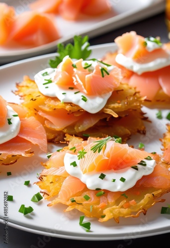 crispy potato latkes smoked gourmet appetizer white plate, delicious, fresh, homemade, meal, restaurant, salmon, savory, snack, tasty, traditional, brunch, cooked, cuisine photo