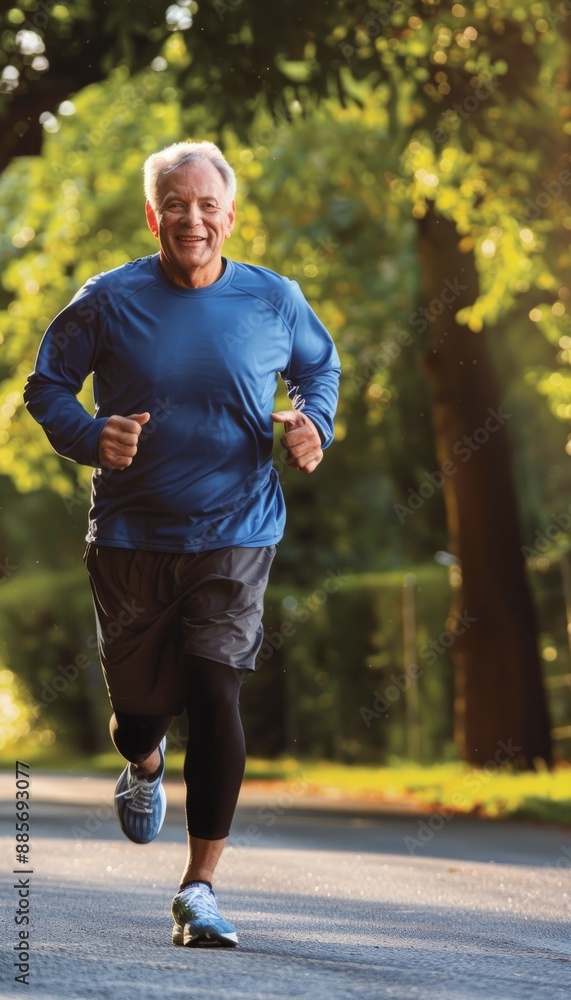 Obraz premium Active Senior Jogging in Park - Healthy Lifestyle and Exercise for Seniors Stock Photo