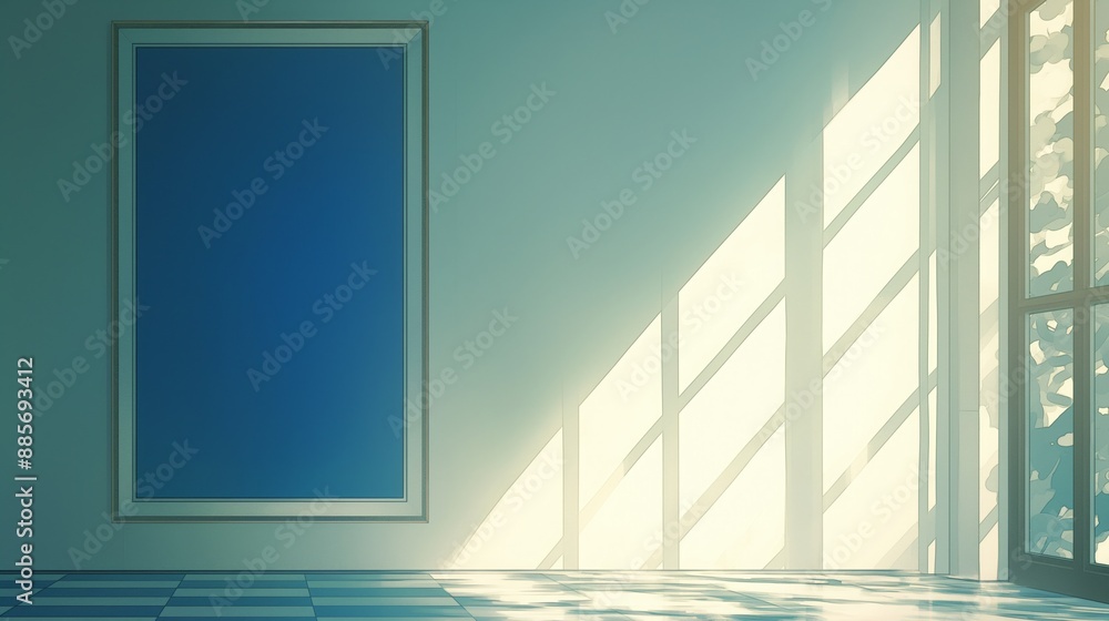 Obraz premium Sunlit empty room large blue framed panel checkered floor geometric patterns