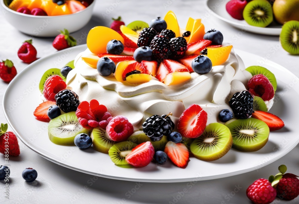 elegant pavlova fresh fruit topping displayed white plate, dessert, meringue, sweet, gourmet, homemade, bakery, confectionery, pastry, treat, presentation, elegant pavlova fresh fruit topping displayed white plate, dessert, meringue, sweet, gourmet, homemade, bakery, confectionery, pastry, treat, presentation,