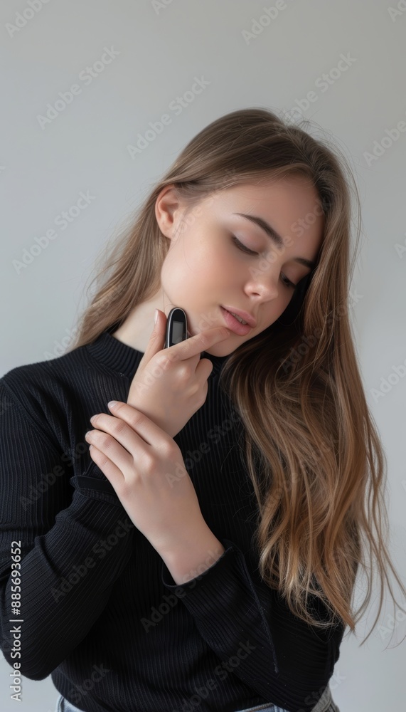 Young Woman Checking Blood Sugar Levels with Portable Glucose Meter Against Minimalist Background Young Woman Checking Blood Sugar Levels with Portable Glucose Meter Against Minimalist Background
