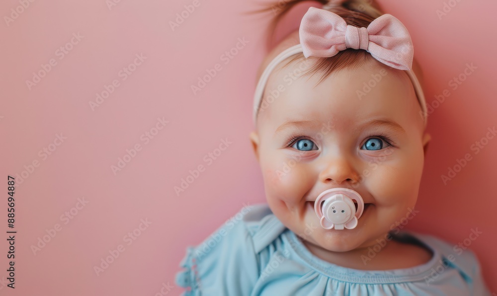 Smiling baby girl with pacifier portrait on flat pink background. Free copy space for banner. Smiling baby girl with pacifier portrait on flat pink background. Free copy space for banner.