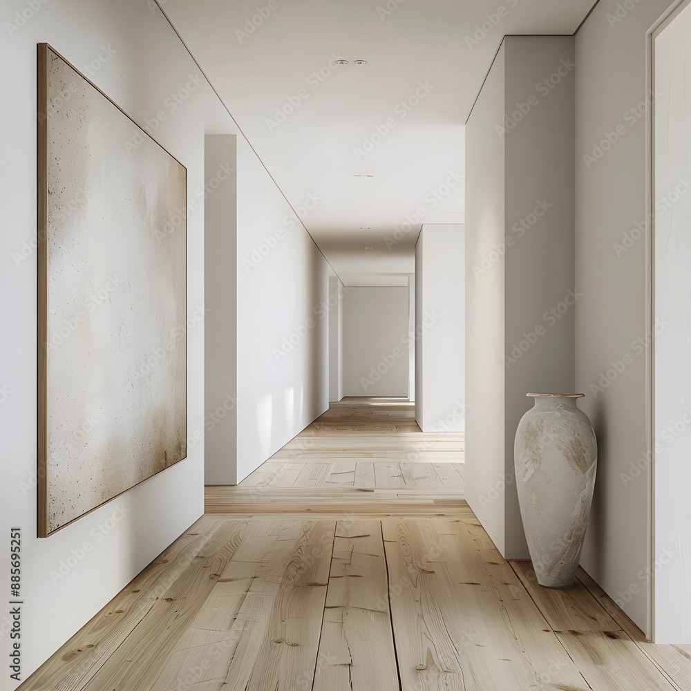 Minimalist Hallway with Captivating Art Piece - A Harmonious 3D Home Mockup Minimalist Hallway with Captivating Art Piece - A Harmonious 3D Home Mockup