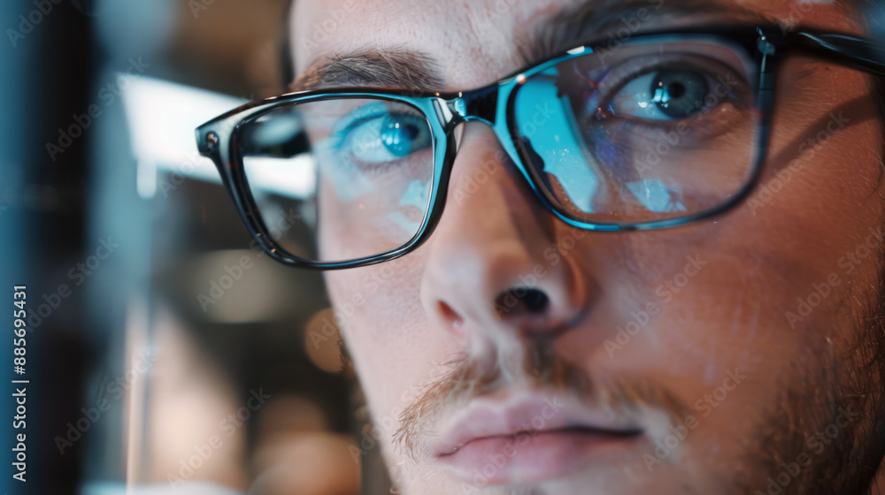 Portrait of an American man wearing glasses, reflective lenses, and blue eyes in focus Portrait of an American man wearing glasses, reflective lenses, and blue eyes in focus