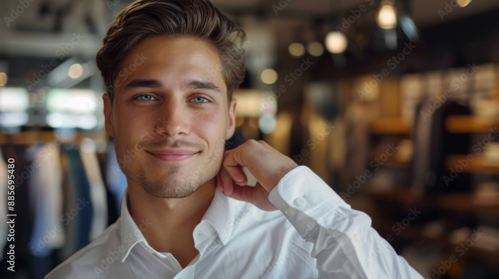 Fototapeta premium A confident young American man with blue eyes, smiling warmly in a store