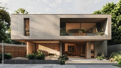 Minimalist Home Facade with Clean Lines and Neutral Colors,Modern Interior and Frame Mockup