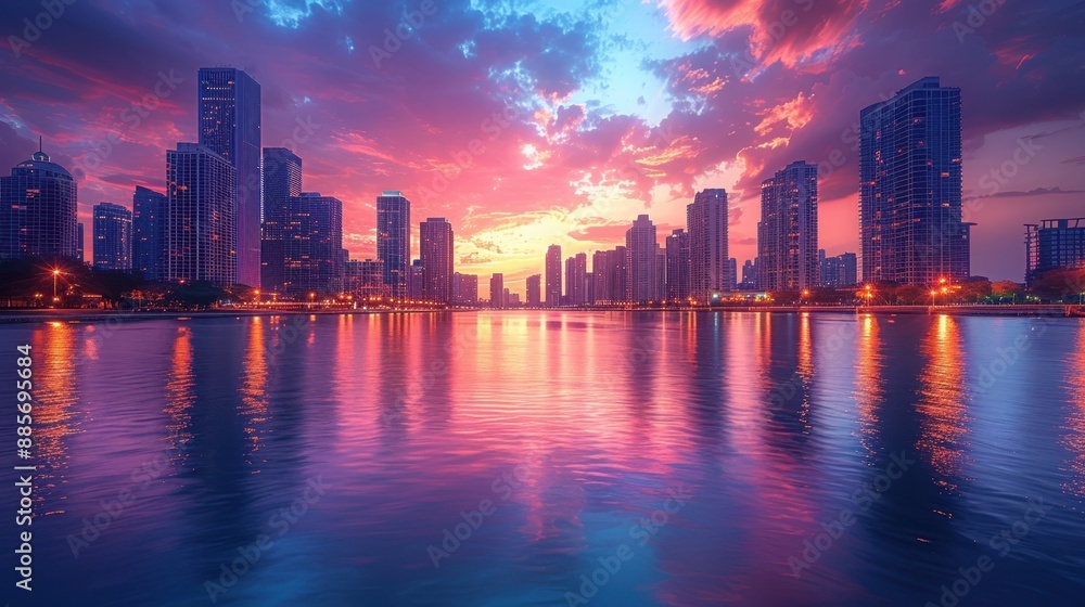 Obraz premium Stunning cityscape at sunset with colorful clouds reflected on the water, highlighting the skyline and skyscrapers in vibrant hues.