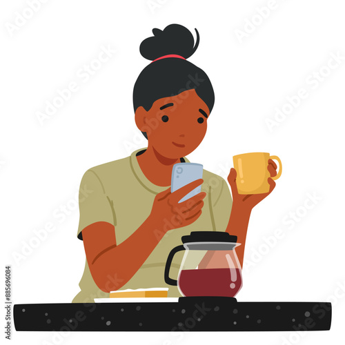 Woman Using A Smartphone While Enjoying A Cup Of Coffee. Character Sitting At Table With Coffee Pot In Front Of Her